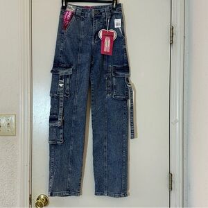 Savage Love High Rise Wide Leg Denim Cargo Blue Jeans